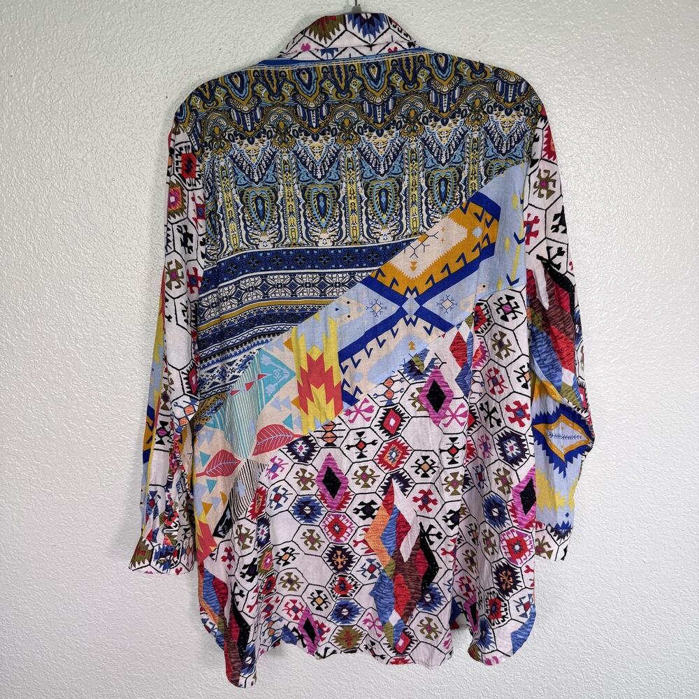 Calessa Top Womens 2X Geometric Button Front Boho Tunic Blouse Tribal Multicolor - Picture 2 of 11